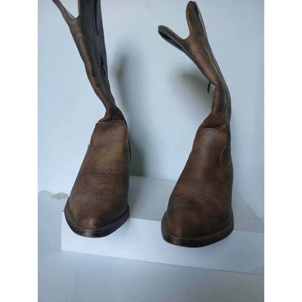 Global Win Western Cowboy Boots Brown Embroidered Mid Calf Women's Size 5.5
